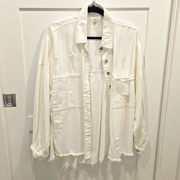 POL Button Down Raw Hem Distressed Shacket Small - Picture 2 of 5